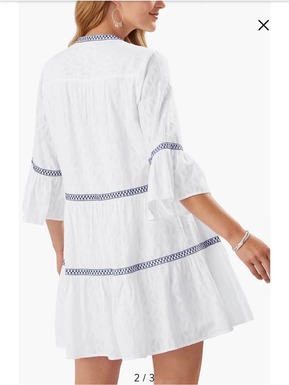 Tommy Bahama White Embroidered Tiered Tunic Dress with Navy Trim - medium. X - Picture 2 of 7